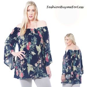 PLUS Navy Bird Bell Sleeve Silky Swing Tunic Top